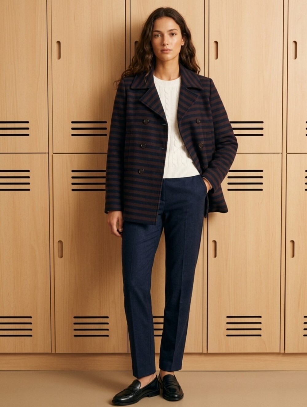 Zara Navy and Brown Striped Double-Breasted Blazer Size M